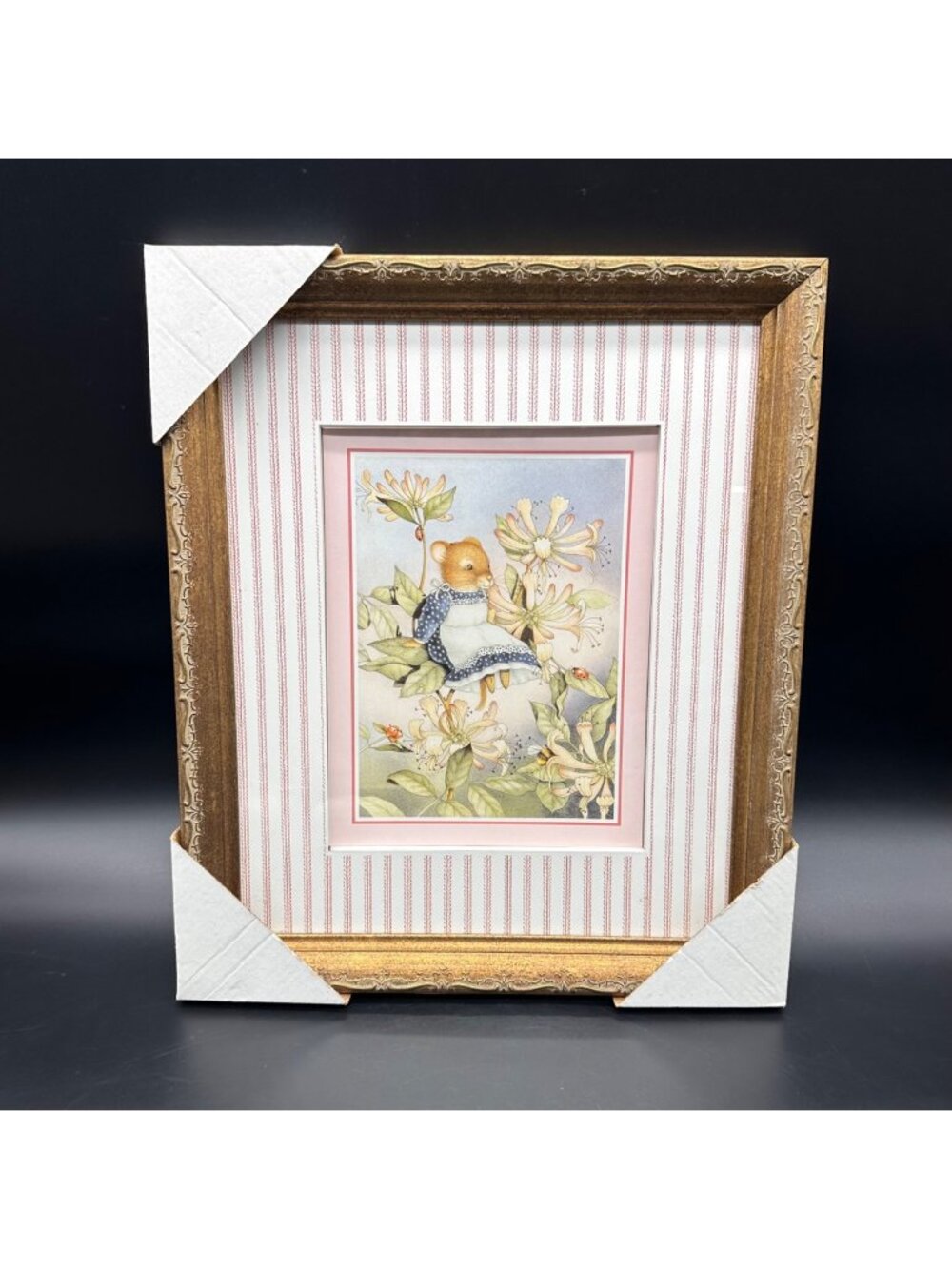 Whimsical Mouse Daisy Ladybug Wall Art Print Ornate Gold Frame Cottage Granny